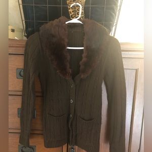 Vintage 1970 brown cable knit cardigan sweater with mink collar.  No tags.